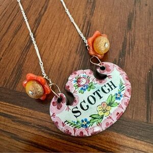 SCOTCH Decanter Tag Necklace Antique Assemblage Jewelry Pink Orange Bar